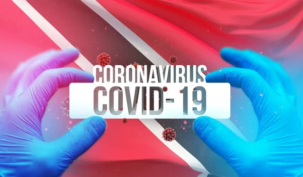 Ιατρική έννοια της πανδημίας Coronavirus COVID-19 ξέσπασμα με backgroung κυματίζει εθνική σημαία του Τρινιντάντ και Τομπάγκο. Πανδημική τρισδιάστατη απεικόνιση. — Φωτογραφία Αρχείου