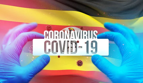 코로나 바이러스 코로나 바이러스 (Coronavirus) COVID-19 의 의학적 개념은 우간다의 국기를 흔들며 발생 했다. 세계적 인 3D 삽화. — 스톡 사진