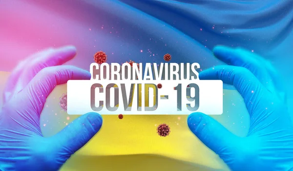 Ιατρική έννοια της πανδημίας Coronavirus COVID-19 ξέσπασμα με backgroung κυματίζει εθνική σημαία της Ουκρανίας. Πανδημική τρισδιάστατη απεικόνιση. — Φωτογραφία Αρχείου