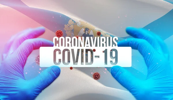 Enfermedad por Coronavirus COVID-19 infección en la región rusa, concepto de imágenes de la bandera - La bandera del Óblast de Arkhangelsk. Ilustración ondeando banner 3D . —  Fotos de Stock