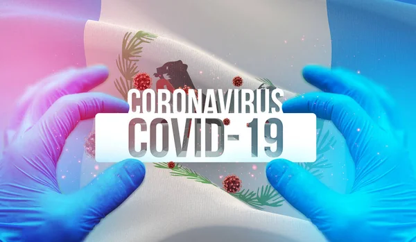 Choroba koronawirusowa COVID-19 zakażenie w obwodzie rosyjskim, koncepcja obrazów bandery - Flaga Obwodu Irkuckiego. Koronawirus w Rosji koncepcja 3D ilustracja. — Zdjęcie stockowe