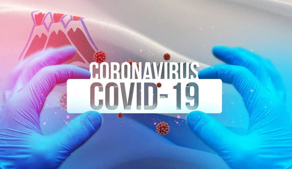 Coronavirus disease COVID-19 infection in russian region, flag images concept - Flag of Kamchatka Oblast. Coronavirus in Russia concept 3D illustration. — Stock Photo, Image
