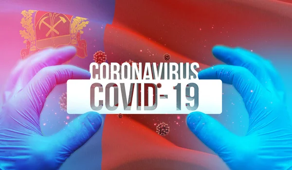 Coronavirus disease COVID-19 infection in russian region, flag images concept - Flag of Kemerovo Oblast. Coronavirus in Russia concept 3D illustration. — Stock Photo, Image