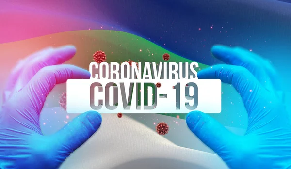 Coronavirus hastalığı COVID-19, Rusya bölgesinde enfeksiyon, bayrak imgeleri konsepti - Komi bayrağı. Rusya 'da Coronavirus kavramı 3 boyutlu illüstrasyon. — Stok fotoğraf