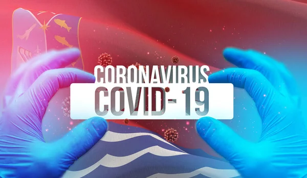 Коронавирусная инфекция COVID-19 в российском регионе, концепция гербовых изображений - Флаг Магаданской области. Коронавирус в России концепция 3D иллюстрации . — стоковое фото