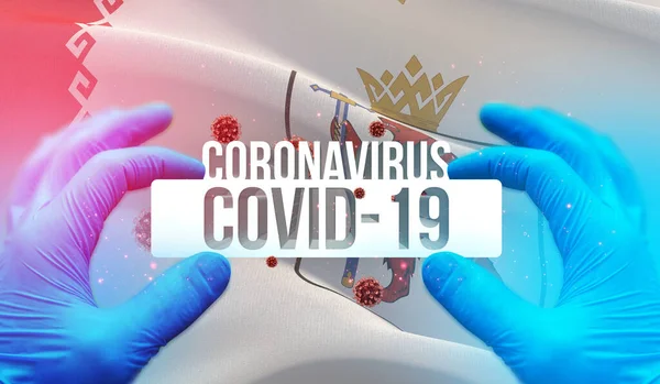 Coronavirus ziekte COVID-19 infectie in de Russische regio, vlag beelden concept - Vlag van Mari El. Coronavirus in Rusland concept 3D illustratie. — Stockfoto