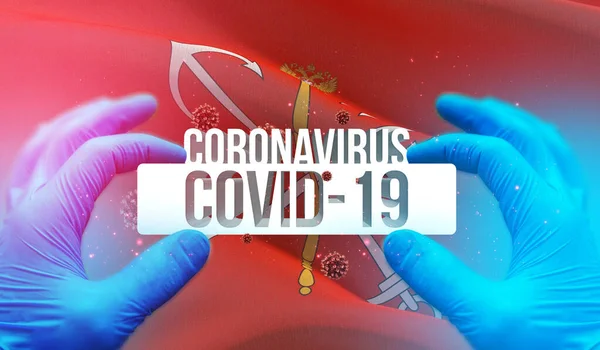 Coronavirus-Krankheit COVID-19-Infektion in der russischen Region, Fahnenbild-Konzept - Die Flagge von Sankt Petersburg, Coronavirus in Russland-Konzept 3D-Illustration. — Stockfoto