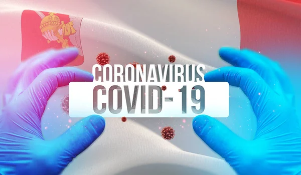 Coronavirus disease COVID-19 infection in russian region, flag images concept - Flag of Vologda Oblast. Coronavirus in Russia concept 3D illustration. — Stock Photo, Image