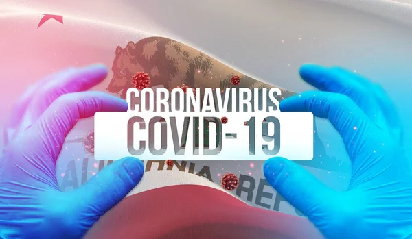 Medisch concept van pandemische Coronavirus COVID-19 uitbraak met achtergrond van zwaaiende vlag van de staten van de VS. Staat Californië vlag 3D illustratie. — Stockfoto