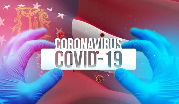 Concepto médico del brote de Coronavirus COVID-19 pandémico con antecedentes de ondear la bandera de los Estados Unidos. Estado de Georgia bandera 3D ilustración . —  Fotos de Stock