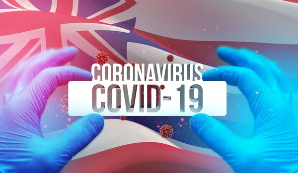 Medical Concept of pandemic Coronavirus COVID-19 outbreak with backgroung of waving flag of the states of USA. State of Hawaii flag 3D illustration. — Stock Photo, Image