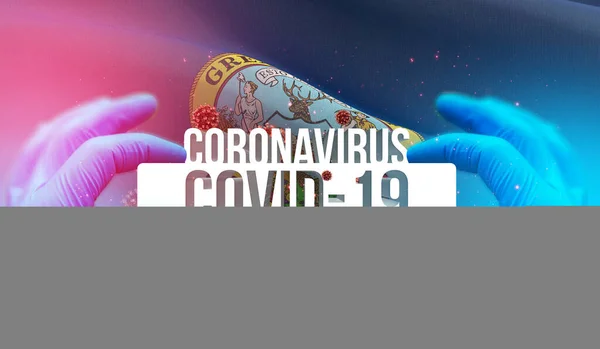 Ιατρική έννοια της πανδημίας Coronavirus COVID-19 ξέσπασμα με backgroung κυματίζει σημαία των κρατών των ΗΠΑ. Σημαία του Idaho 3D εικονογράφηση. — Φωτογραφία Αρχείου