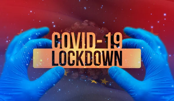 COVID-19 lockdown concept with backgroung of waving flag of the states of USA.  State of Alaska flag 3D illustration. — Stock Photo, Image
