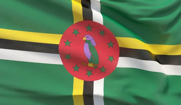 Размахиваю национальным флагом Доминики. Высокодетализированный 3D рендеринг крупным планом . — стоковое фото