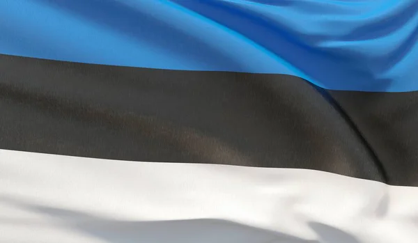 Észtország nemzeti zászlaját lengetve. Hullámos nagyon részletes közelkép 3D render. — Stock Fotó
