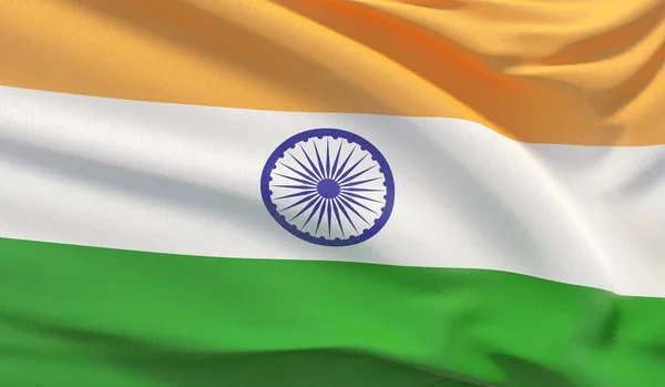 Viftar med Indiens flagga. Viftade mycket detaljerad närbild 3D-render. — Stockfoto