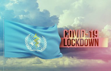 Coronavirus salgını ve koronavirüsleri Dünya Sağlık Örgütü bayraklarıyla birlikte grip kilitleme konsepti, WHO. Salgın 3 boyutlu illüstrasyon.