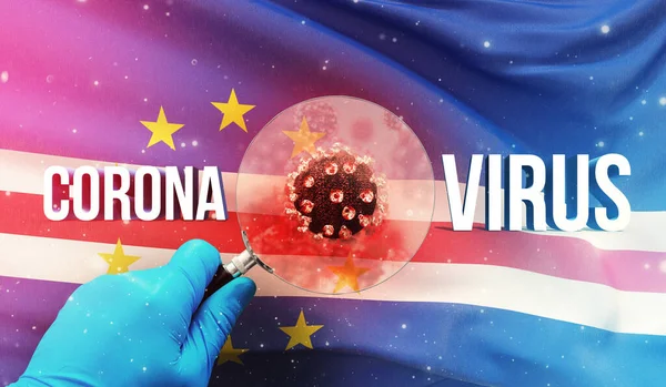Ilmuwan medis melihat sebuah molekul di bawah kaca pembesar, konsep medis dengan bendera Cape Verde. Ilustrasi 3D Pandemic. — Stok Foto