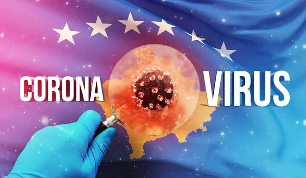 Ilmuwan medis melihat sebuah molekul di bawah kaca pembesar, konsep medis dengan bendera Kosovo. Ilustrasi 3D Pandemic. — Stok Foto