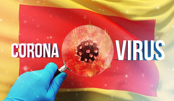 Ilmuwan medis melihat sebuah molekul di bawah kaca pembesar, konsep medis dengan bendera Montenegro. Ilustrasi 3D Pandemic. — Stok Foto