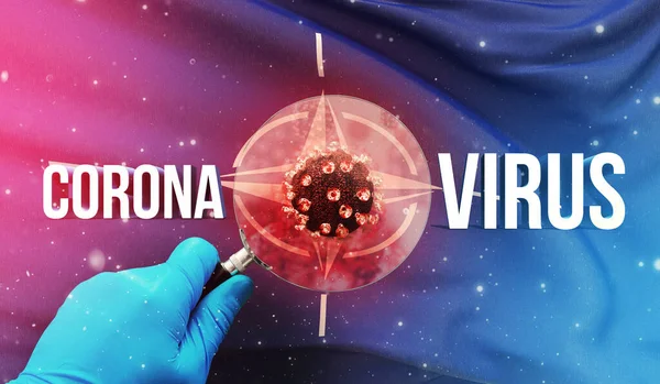 Ilmuwan medis melihat sebuah molekul di bawah kaca pembesar, konsep medis dengan bendera NATO. Ilustrasi 3D Pandemic. — Stok Foto