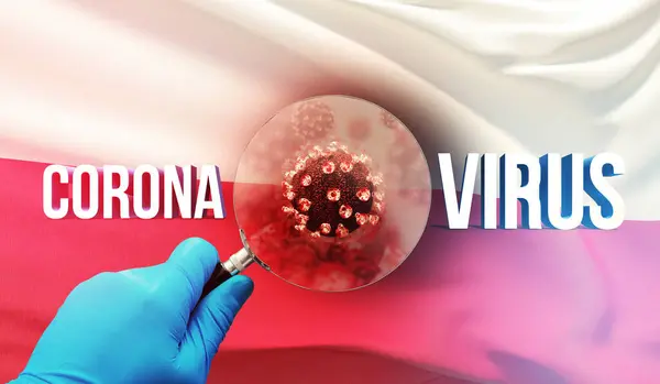 Ilmuwan medis melihat sebuah molekul di bawah kaca pembesar, konsep medis dengan bendera Polandia. Ilustrasi 3D Pandemic. — Stok Foto
