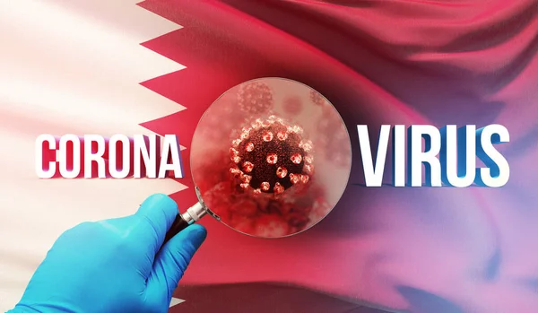 Ilmuwan medis melihat sebuah molekul di bawah kaca pembesar, konsep medis dengan bendera Qatar. Ilustrasi 3D Pandemic. — Stok Foto