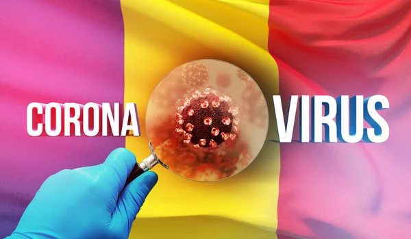 Ilmuwan medis melihat sebuah molekul di bawah kaca pembesar, konsep medis dengan bendera Rumania. Ilustrasi 3D Pandemic. — Stok Foto