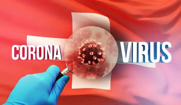 Ilmuwan medis melihat sebuah molekul di bawah kaca pembesar, konsep medis dengan bendera Swiss. Ilustrasi 3D Pandemic. — Stok Foto