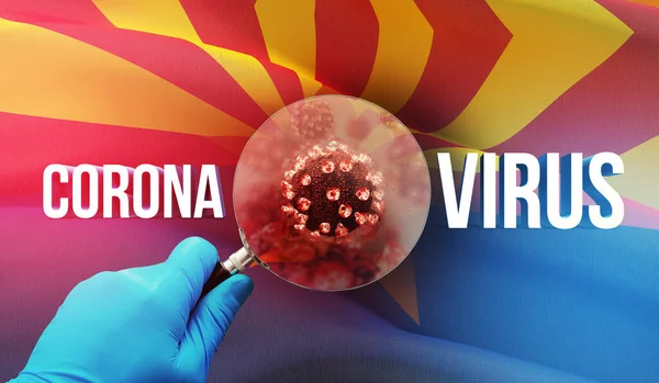 Ilmuwan medis melihat sebuah molekul di bawah kaca pembesar, konsep medis dengan bendera negara bagian Amerika Serikat. Ilustrasi 3D bendera Negara Bagian Arizona. — Stok Foto