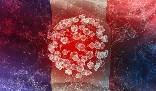Medical molecular conceptwith backgroung of waving national flag of France. Pandemic 3D illustration. — Stock Photo, Image