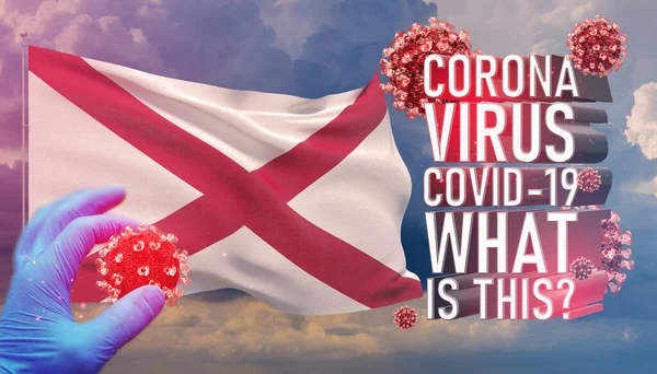 Coronavirus COVID-19, Frequently Asked Question - What Is It text, medical concept with flag of the states of USA. State of Alabama flag. 3D illustration.