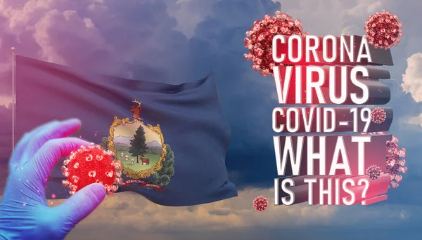 Coronavirus COVID-19, Frequently Asked Question - What Is It text, medical concept with flag of the states of USA. State of Vermont flag 3D illustration.