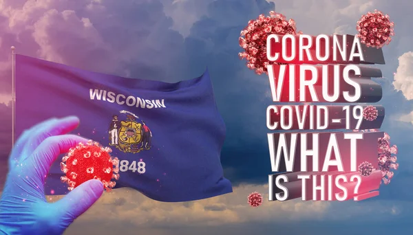 Coronavirus COVID-19, Frequently Asked Question - What Is It text, medical concept with flag of the states of USA. State of Wisconsin flag 3D illustration.