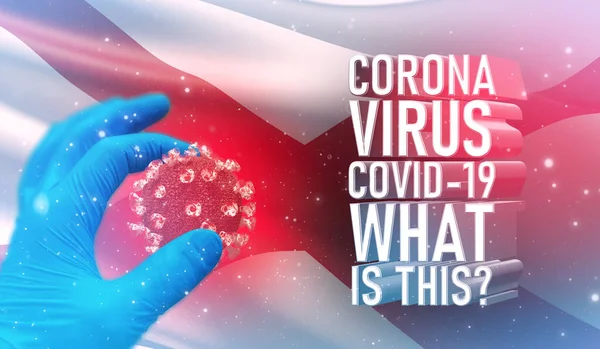 Coronavirus COVID-19, Frequently Asked Question - What Is It text, medical concept with flag of the states of USA. State of Alabama flag. 3D illustration. — Stock Photo, Image