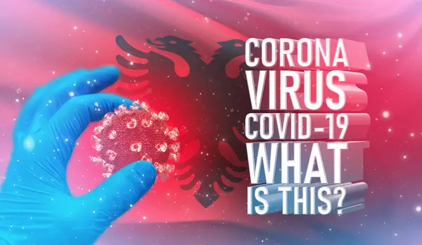 Coronavirus COVID-19, Frequently Asked Question - What Is It text, medical concept with flag of Albania. Waved highly detailed close-up 3D render. — Stock Photo, Image