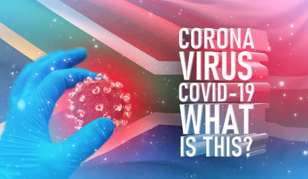 Coronavirus COVID-19, Frequently Asked Question - What Is It text, medical concept with flag of South Africa. Ilustración 3D pandémica . — Foto de Stock