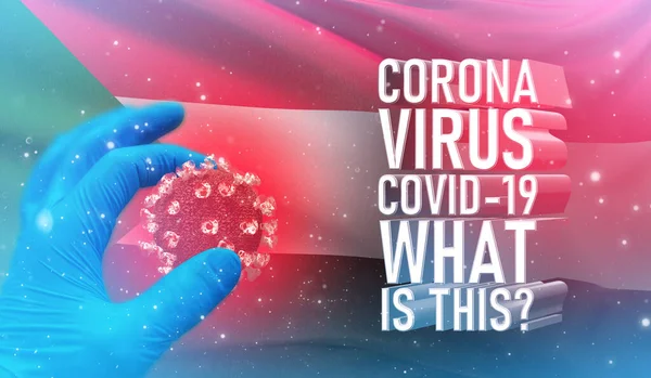 Coronavirus COVID-19, Foire aux questions - Qu'est-ce que c'est texte, concept médical avec drapeau du Soudan. Illustration 3D pandémique . — Photo