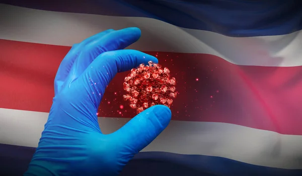 Tıbbi eldivendeki bir el Kosta Rika 'nın arka planındaki bir molekül, tıbbi bilim konseptini barındırır. 3B illüstrasyon. — Stok fotoğraf