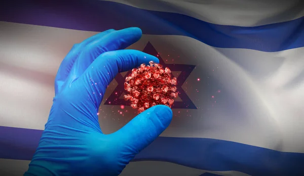 En hand i en medicinsk handske håller en molekyl, medicinsk vetenskap koncept, på Israels bakgrundsflagga. 3D-illustration. — Stockfoto