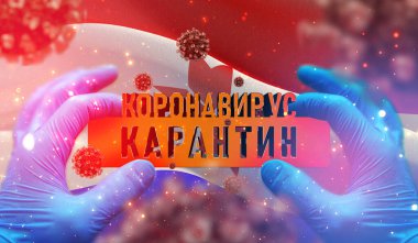 Hands of medical scientist hold warning, russian region flag images - The flag of Mordovia. English translation on table - Coronavirus Quarantine. 3D illustration. clipart