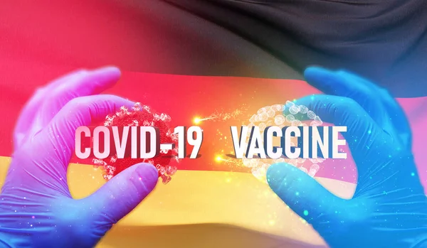 COVID-19 concetto medico vaccino con bandiera della Germania. Illustrazione 3D pandemica . — Foto Stock