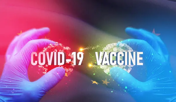COVID-19 conceito médico de vacina com bandeira dos Estados Unidos. Estado do Alasca bandeira ilustração 3D . — Fotografia de Stock