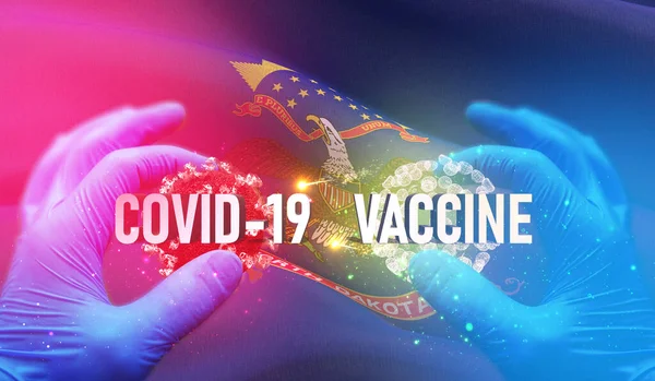 COVID-19 vaccin medisch concept met vlag van de Verenigde Staten. Staat Noord Dakota vlag 3D illustratie. — Stockfoto