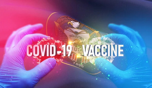 COVID-19 conceito médico de vacina com bandeira dos Estados Unidos. Estado de Utah bandeira ilustração 3D . — Fotografia de Stock