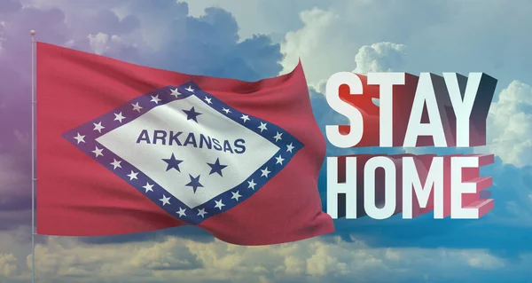 Stay home stay safe - letter typography 3D text for self quarantine times concept with flag of the states of USA. State of Arkansas flag Pandemic 3D illustration.