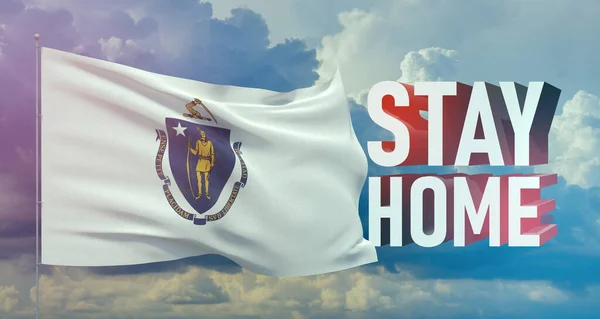 Stay home stay safe - letter typography 3D text for self quarantine times concept with flag of the states of USA. State of Massachusetts flag Pandemic 3D illustration.