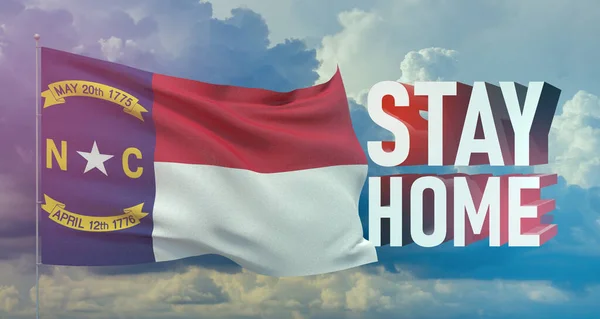 Stay home stay safe - letter typography 3D text for self quarantine times concept with flag of the states of USA. State of North Carolina flag Pandemic 3D illustration.