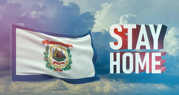 Stay home stay safe - letter typography 3D text for self quarantine times concept with flag of the states of USA. State of West Virginia flag Pandemic 3D illustration.