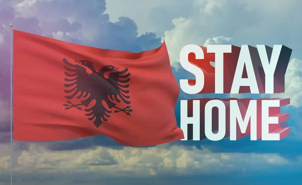 Stay home stay safe - letter typography 3D text for self quarantine times concept with flag of Albania. 3D illustration.